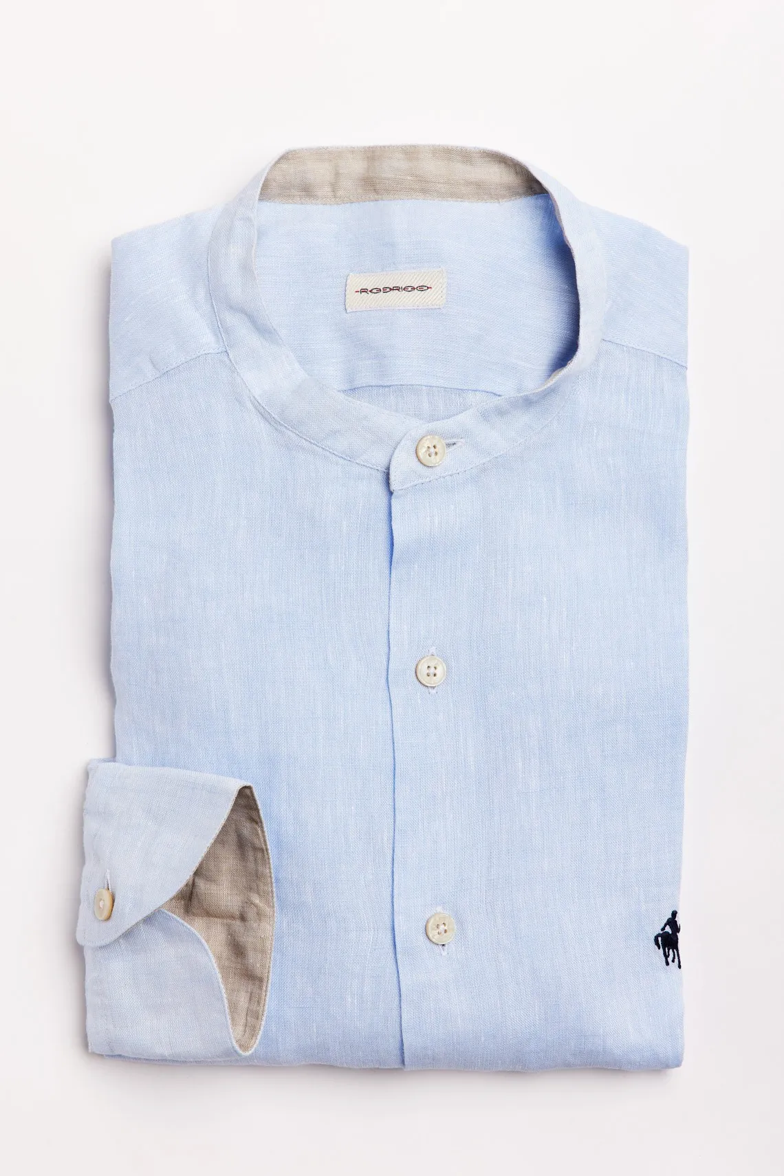 CAMICIA COLLO COREANO IN PURO LINO CELESTE