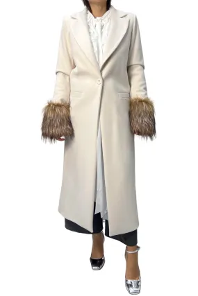 Cappotto donna lungo un bottone tasca a filo con polsino ecopelliccia estraibile