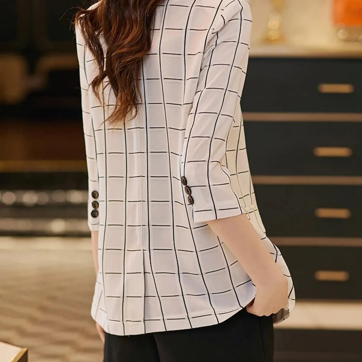Giacca da donna alla moda da donna, viola, bianco, nero, scozzese, giacca casual con bottone singolo per blazer primaverili esti