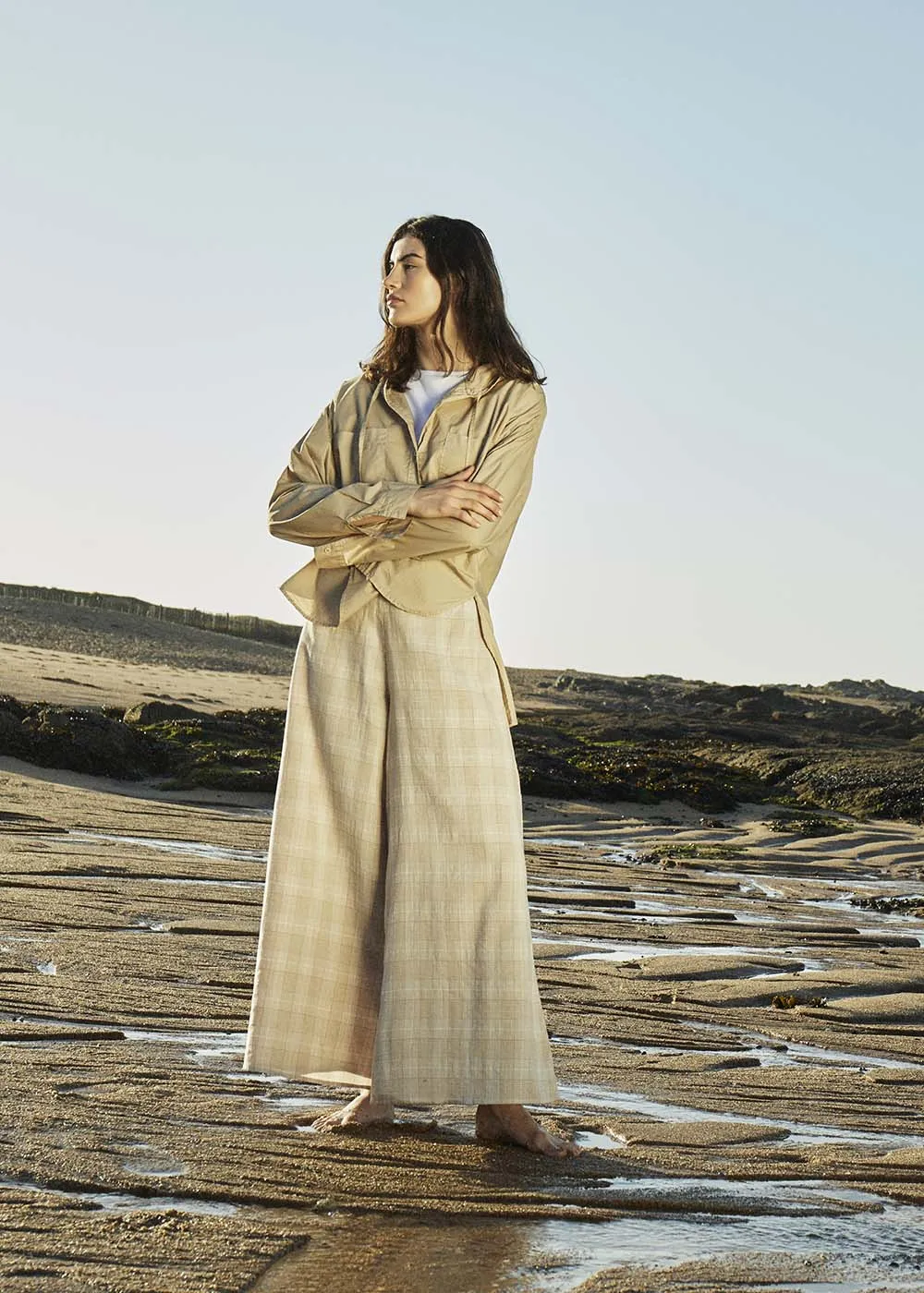 High-waisted ecru Prince of Wales wide-leg pants