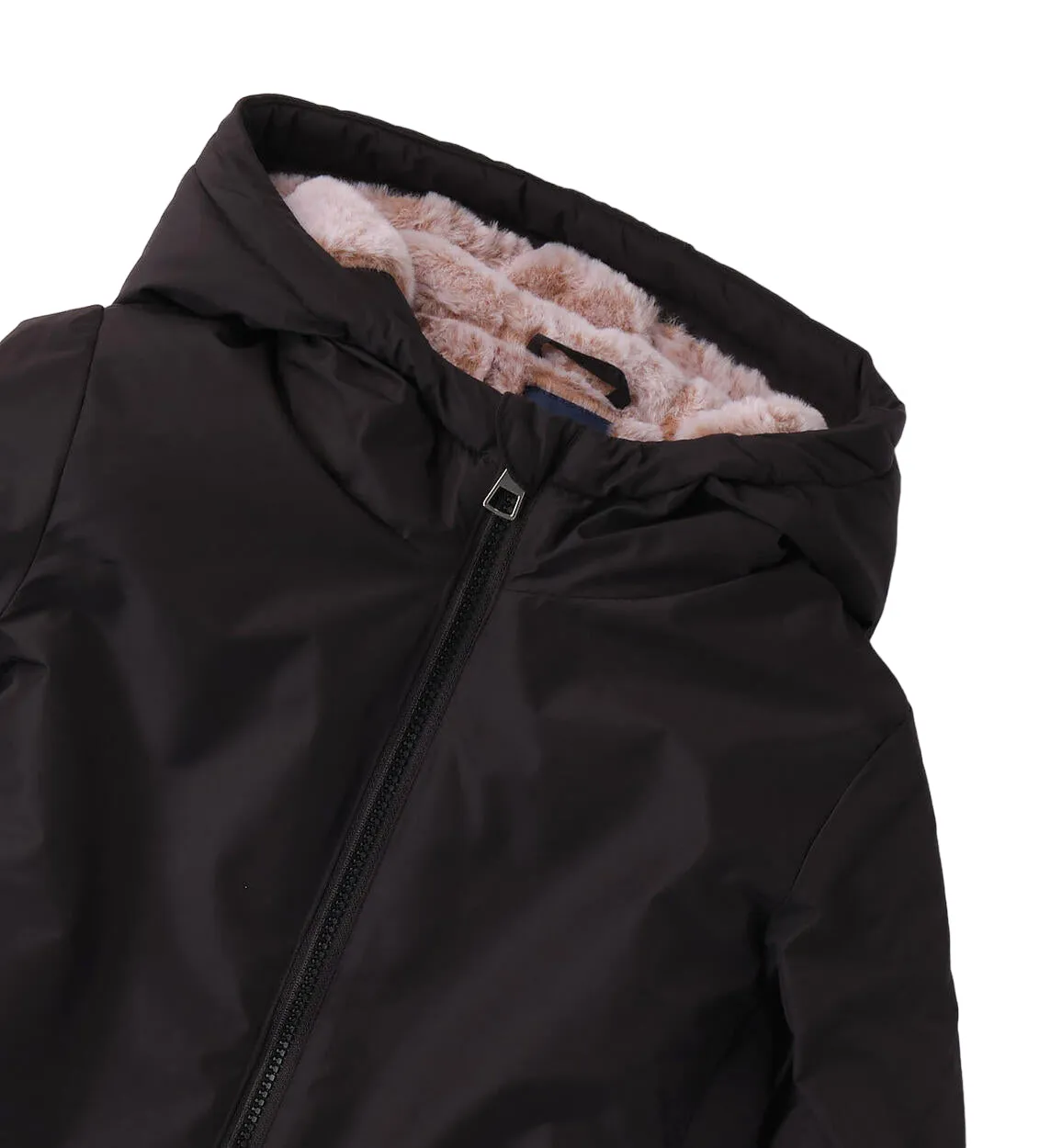 iDo piumino lungo con cappuccio e inserti in tessuto furry nero