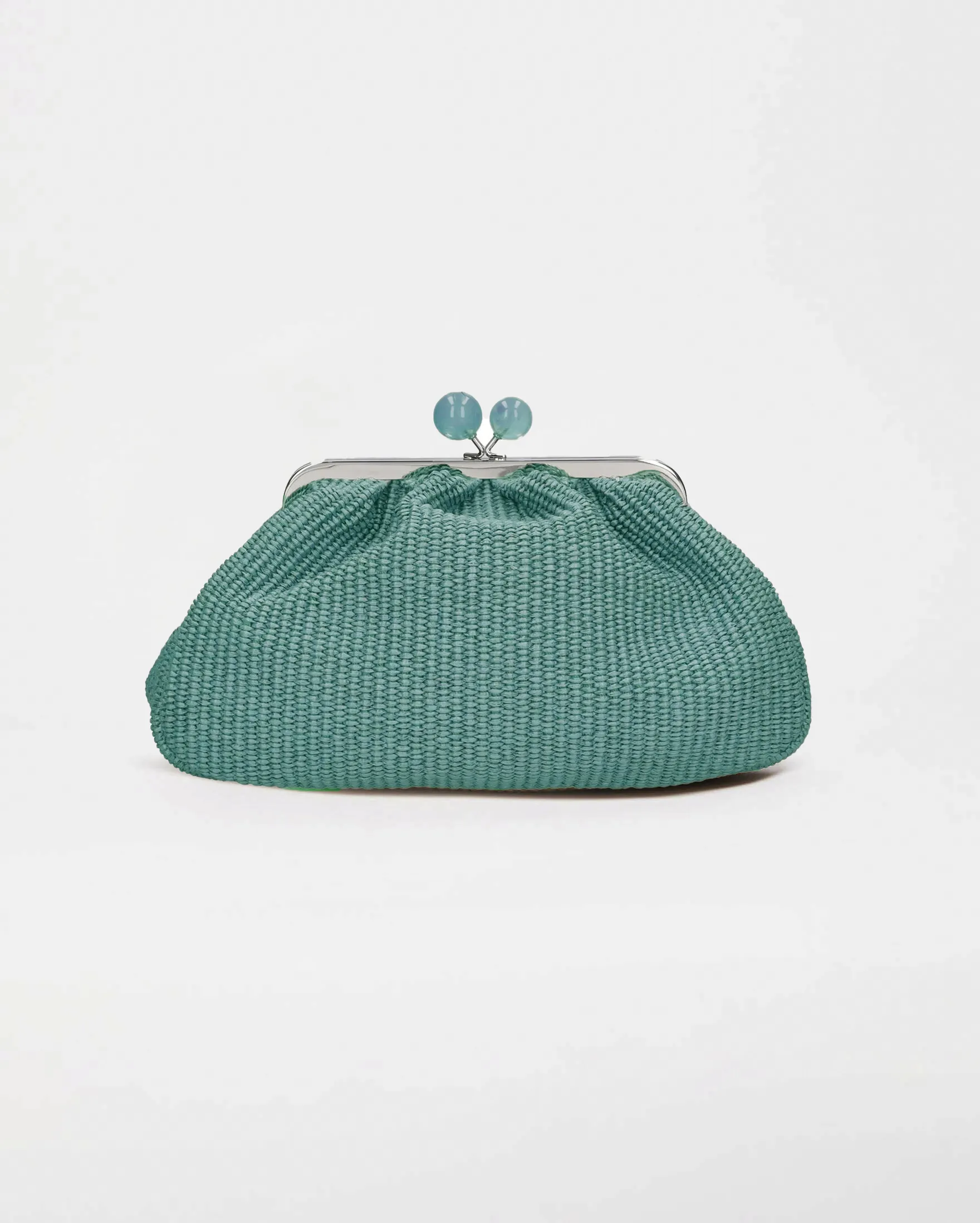 Pasticcino bag in rafia verde acqua medium size con chiusura in metallo e boule colorate