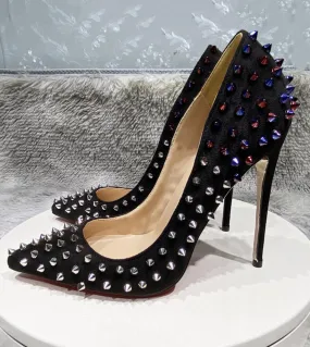 Tikicup Shiny Spikes Women Black Flock Scarpe con tacco alto in pelle scamosciata sintetica a punta per pompe a spillo da donna