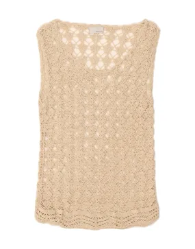 VINTAGE Womens Sleeveless Crochet Blouse Top UK 8 Small Beige