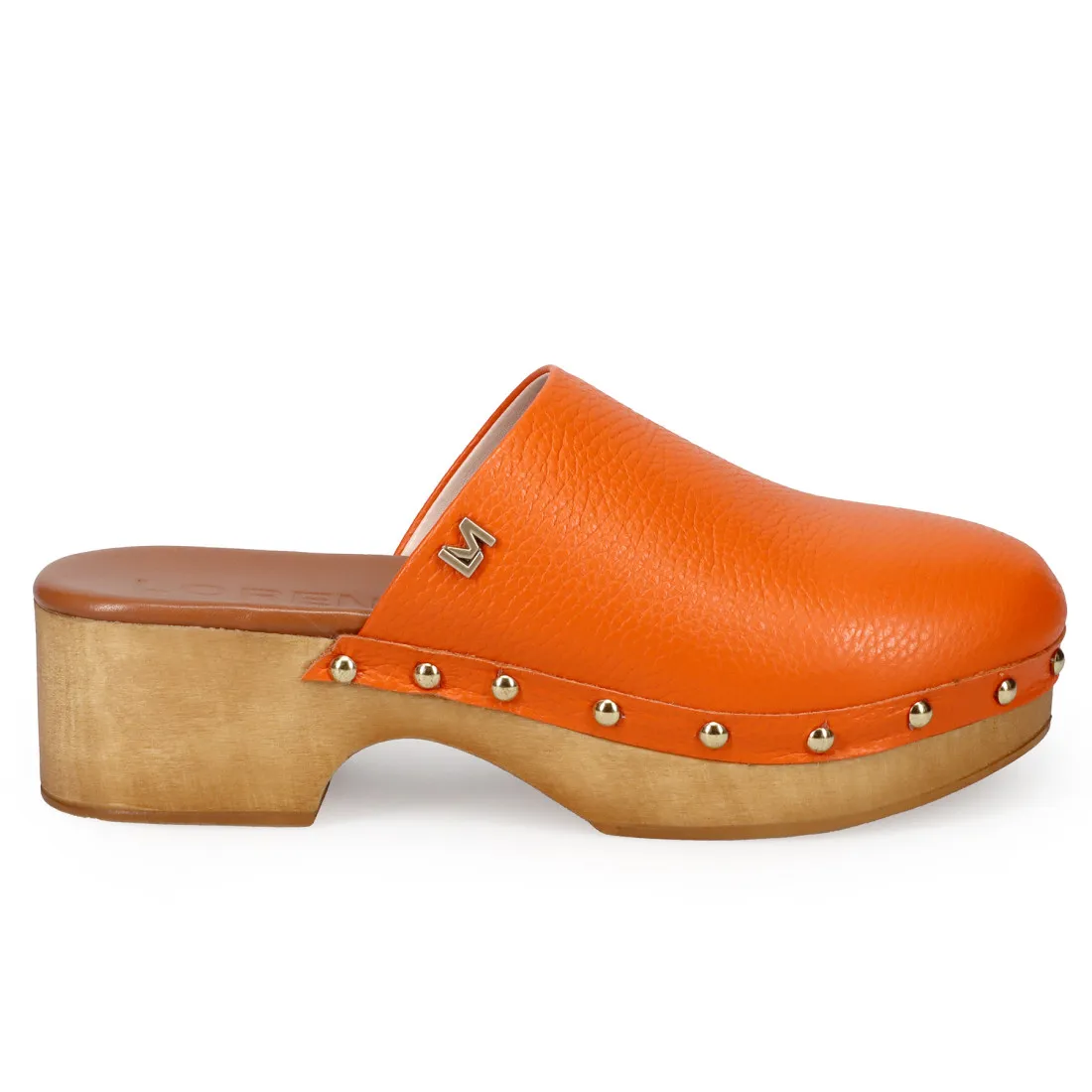 Zoccolo Lorenzo Mari Penelope in in pelle arancione con suola in legno